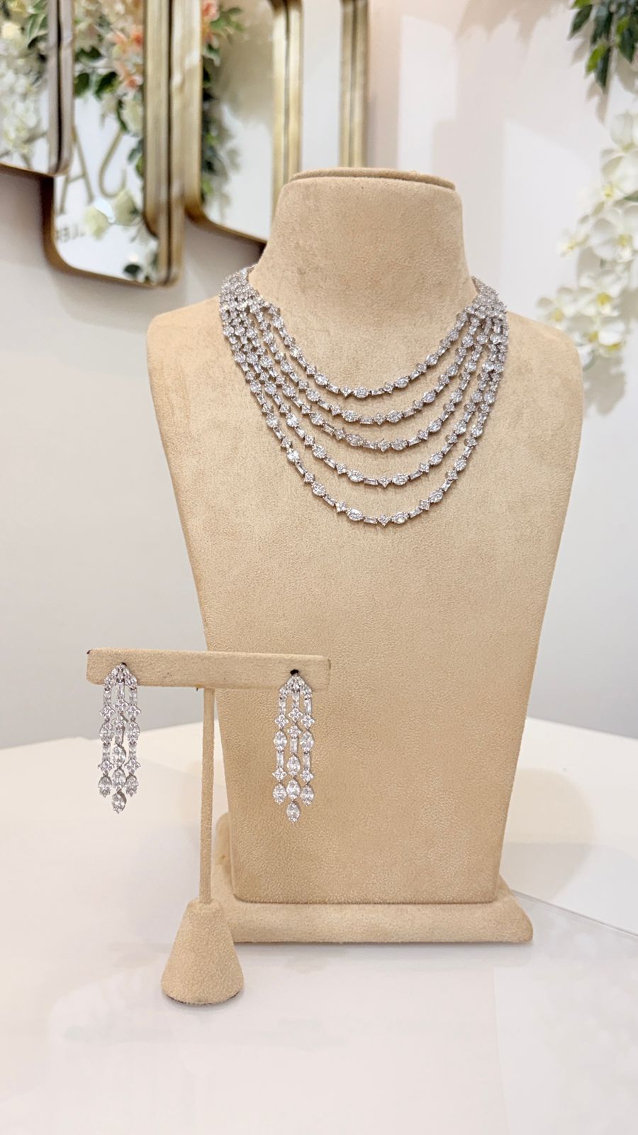 Silver Multi Layer Crystal Necklace and Earrings Jewelry Set