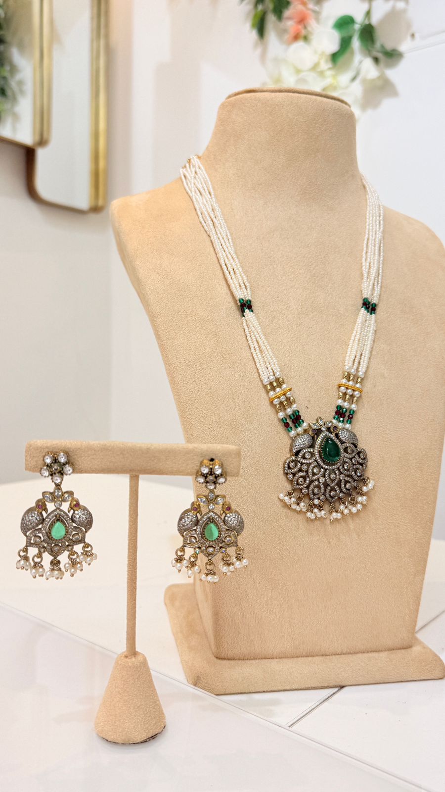 White Beaded Green Stone Pendant Necklace Set with Matching Earrings