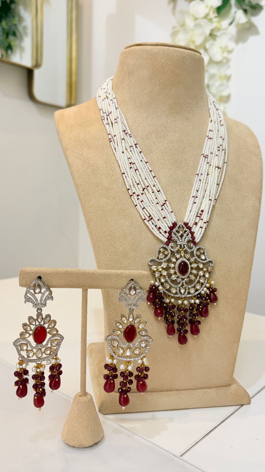 White Beaded Maroon Kundan Pendant Necklace Set with Matching Earrings