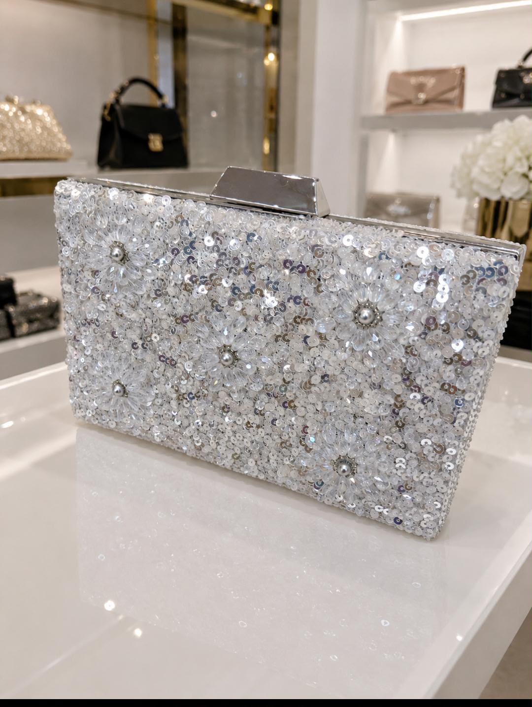 White Sequin Floral Clutch Bag
