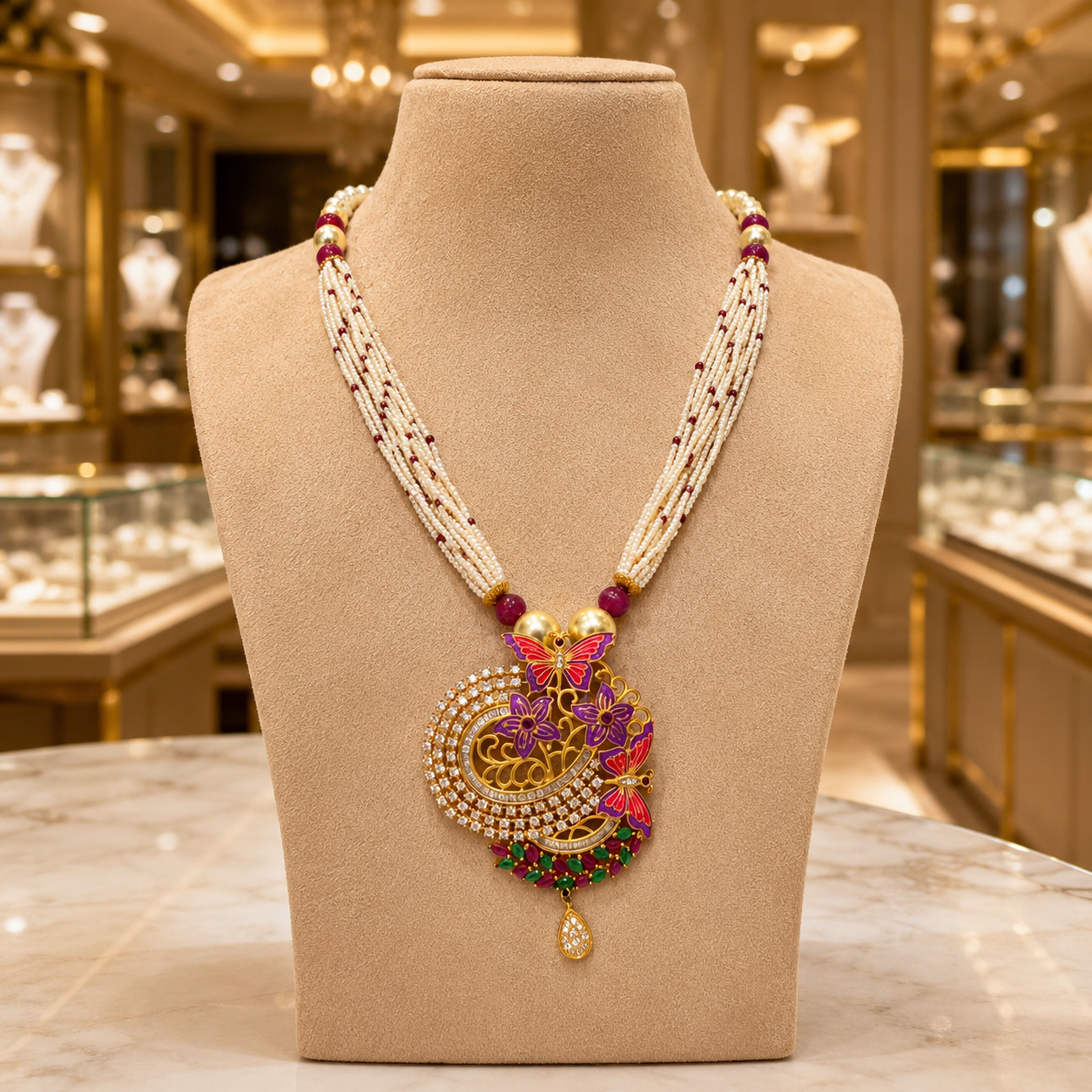 White Beaded Butterfly Charm Necklace with Colourful Floral Pendant