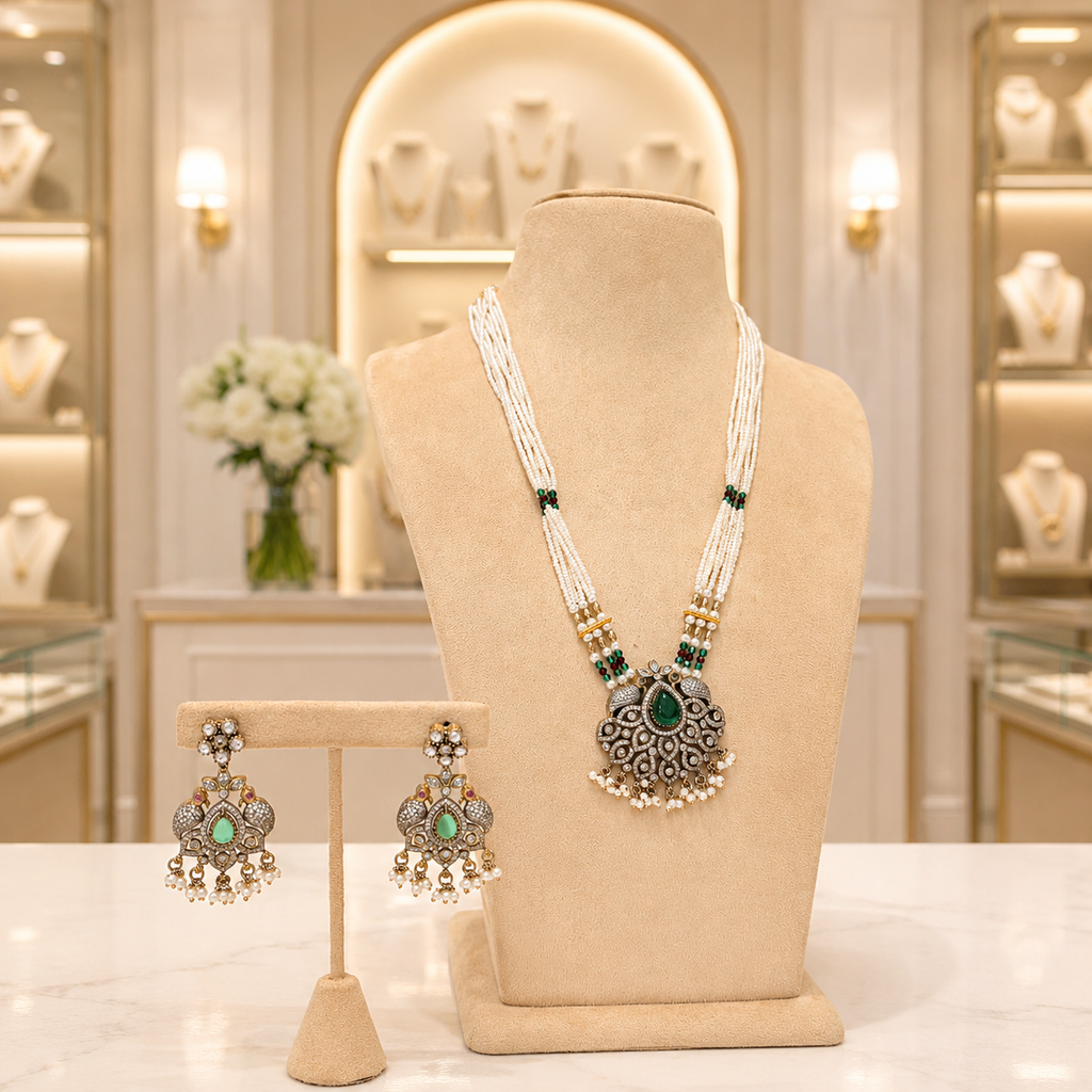 White Beaded Green Stone Pendant Necklace Set with Matching Earrings