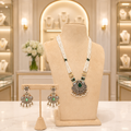 White Beaded Green Stone Pendant Necklace Set with Matching Earrings