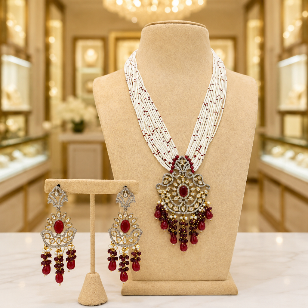 White Beaded Maroon Kundan Pendant Necklace Set with Matching Earrings