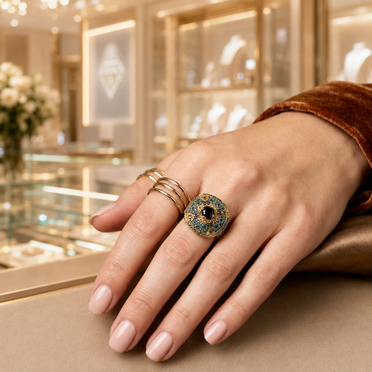 Gold-Tone Black & Blue Stone Ring