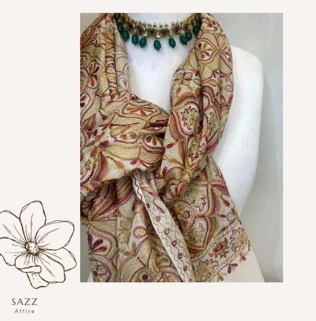 Ivory Cream Luxury Shawl with Allover Pastel Floral Embroidery