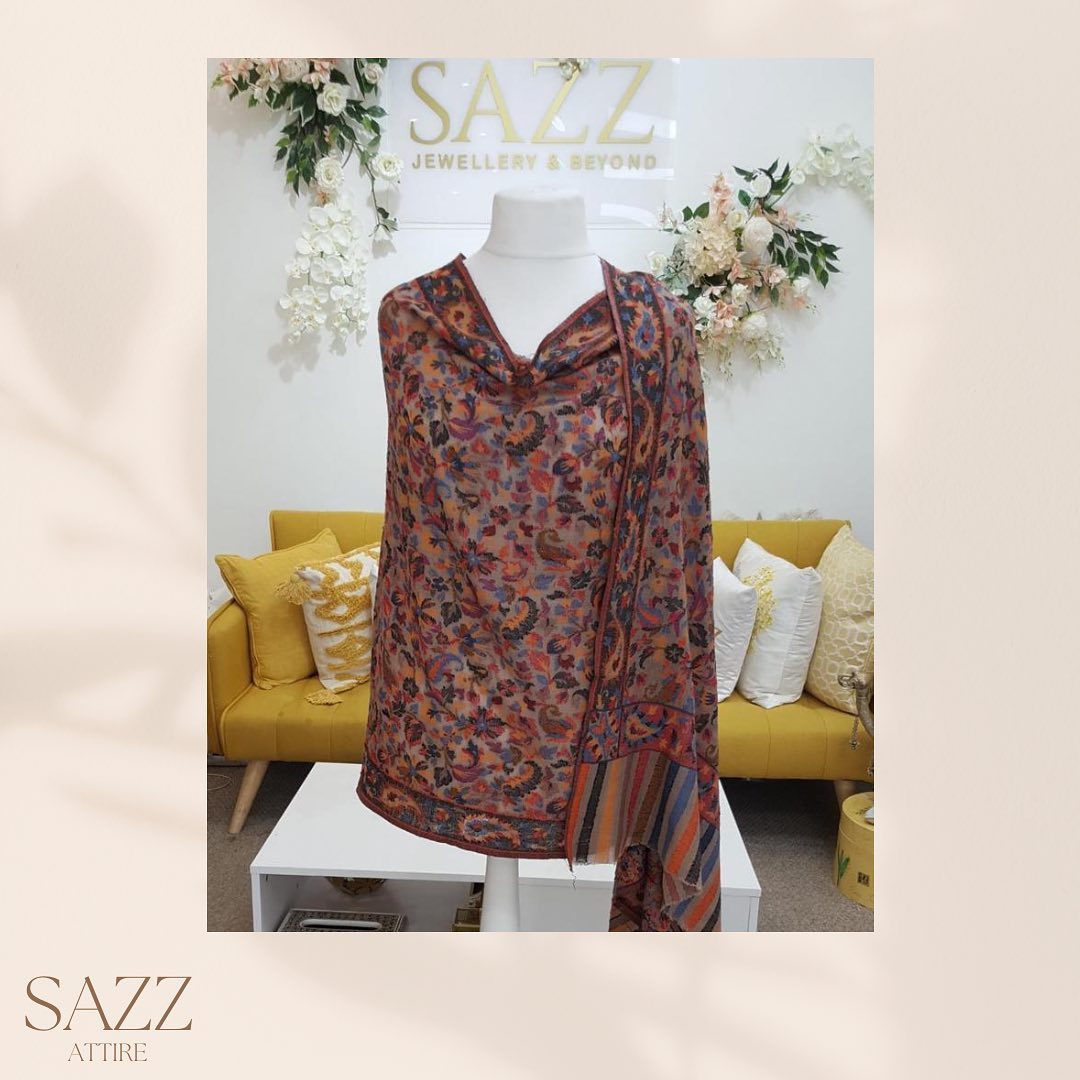 Earth Tone Detailed Floral Jaal Embroidery Pashmina Wrap
