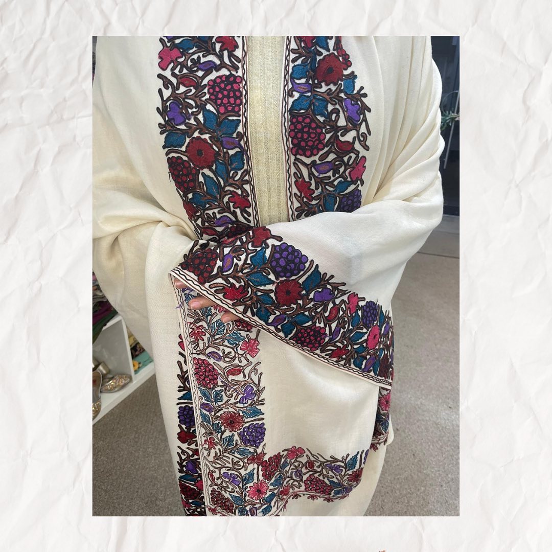 Ivory Kashmiri Aari Embroidery Woolen Shawl - Floral Border