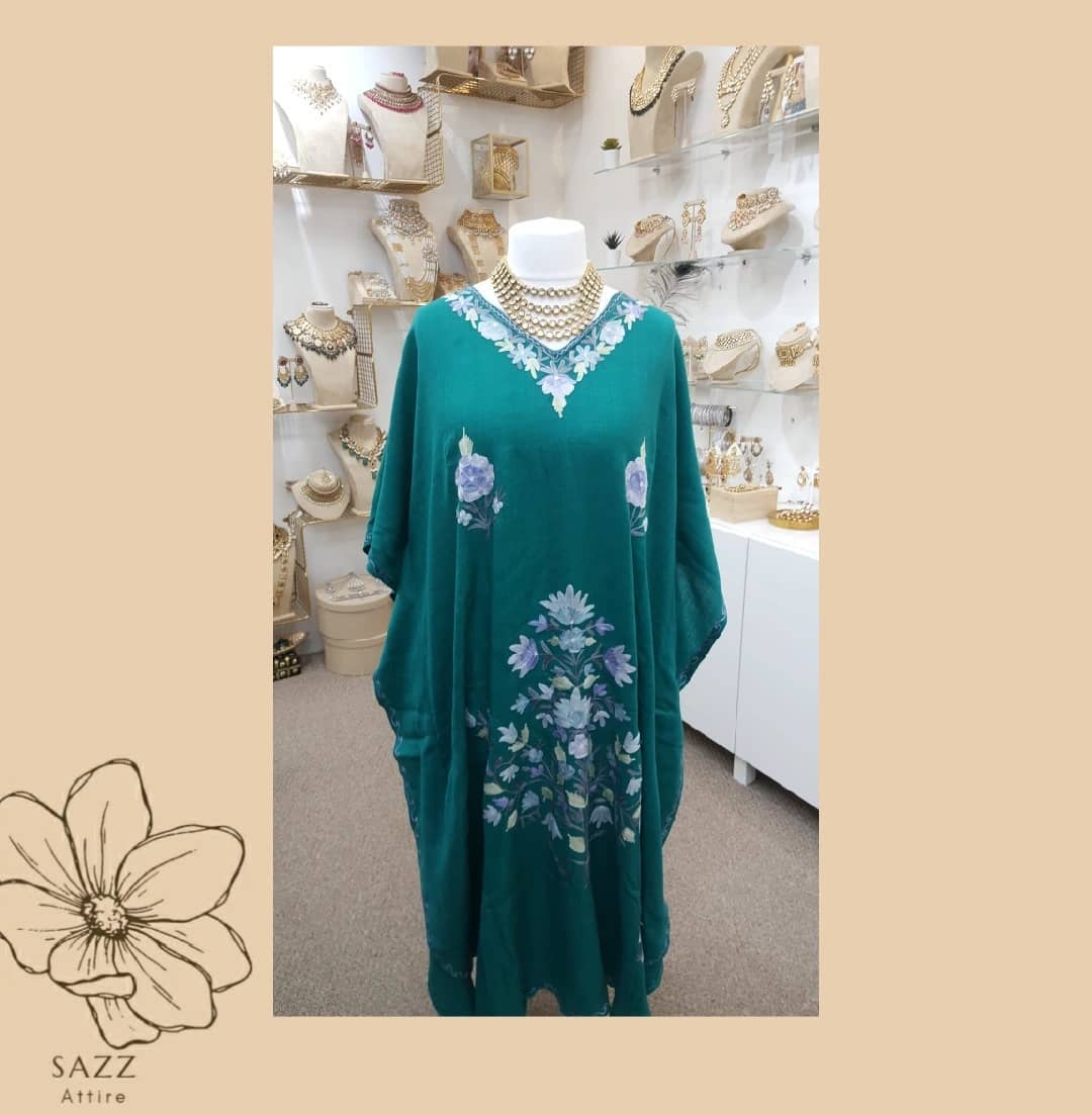 Teal Green Embroidered Kaftan Gown with Floral Aari Work