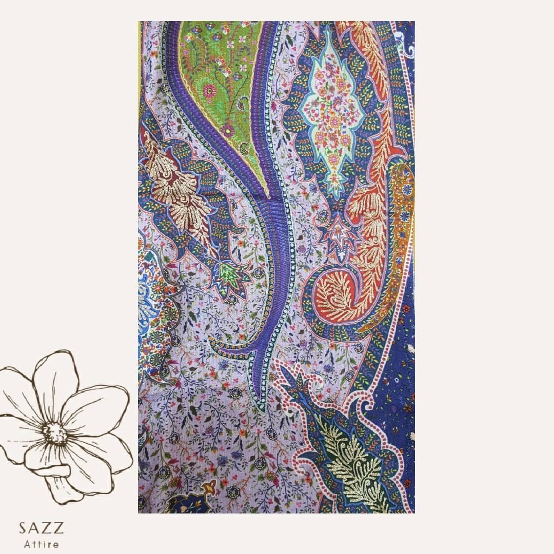 Detailed Lavender and Royal Blue Paisley Print Pashmina Shawl
