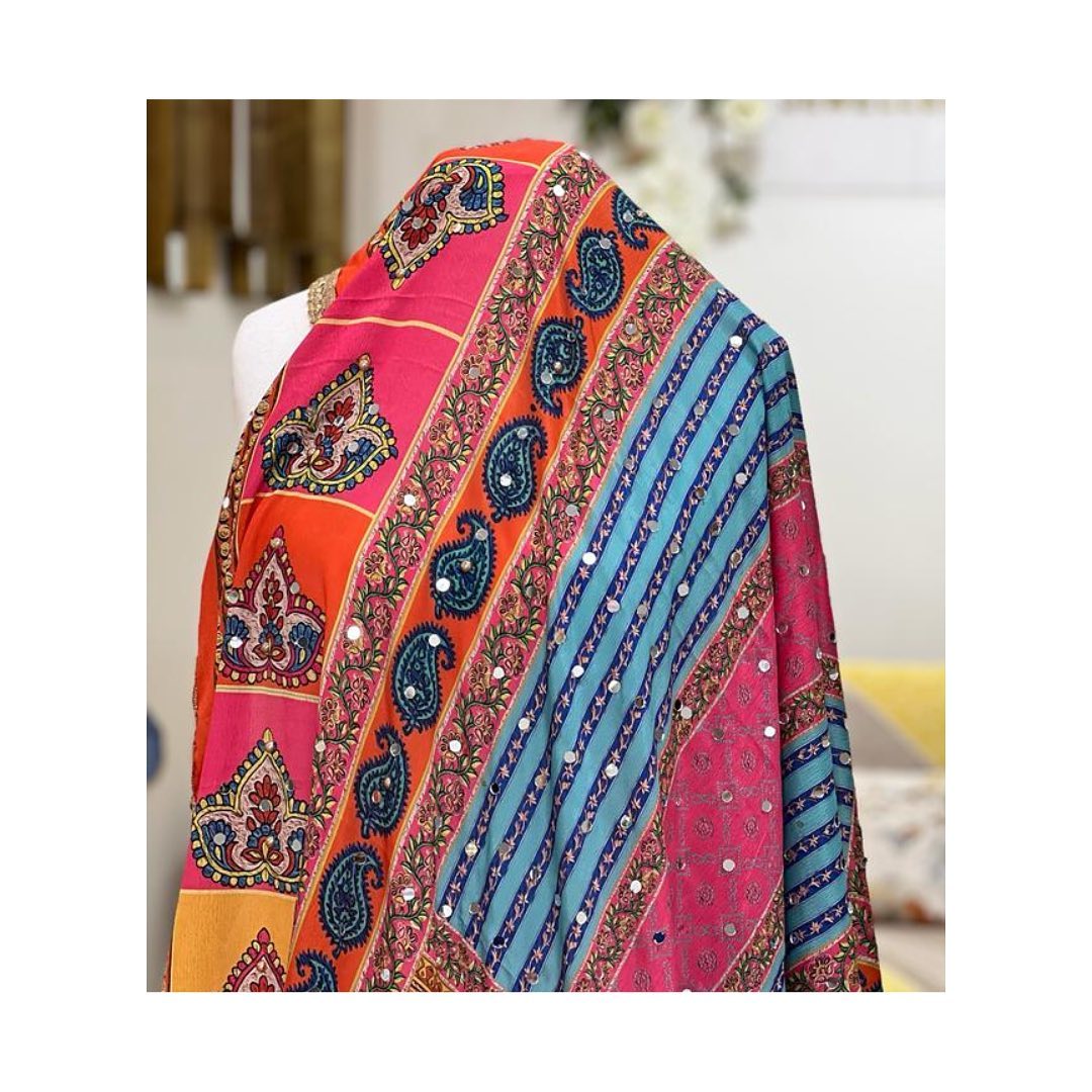 Vibrant Pink & Orange Paisley Patchwork Dupatta with Mirror Accents
