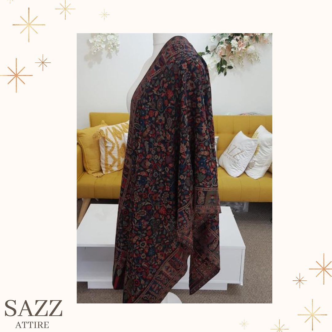 Midnight Navy Full Jaal Embroidered Pashmina Style Shawl