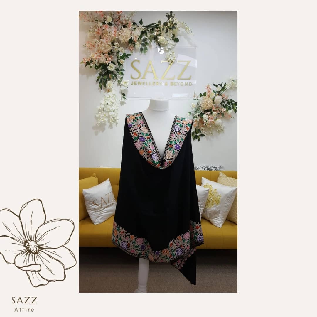 Elegant Black Pashmina Shawl with Vibrant Floral "Aari" Work Border