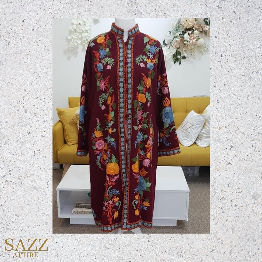 Deep Maroon Long Jacket with Multi-Color Botanical Aari Embroidery