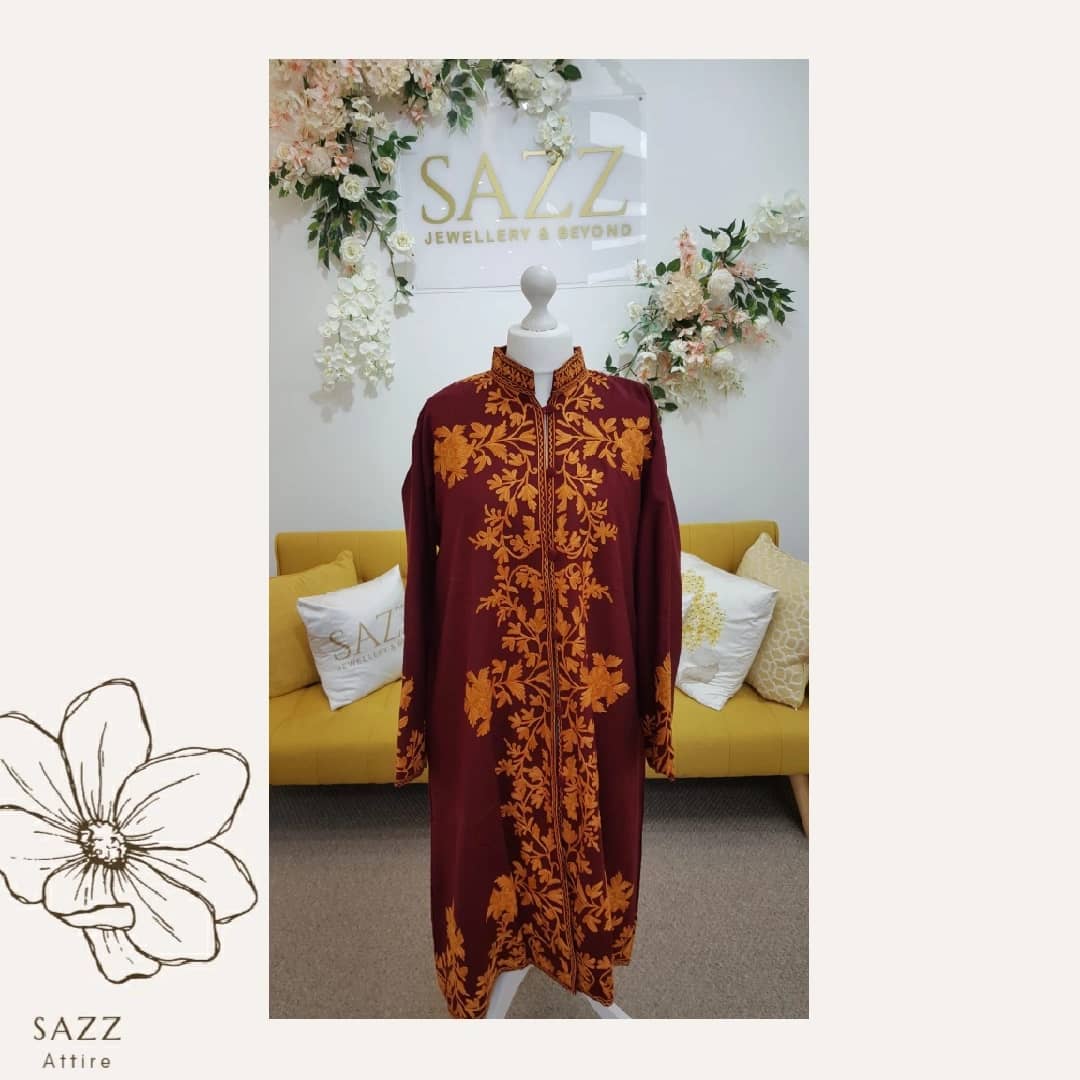 Wine Red Kashmiri Jacket with Mustard Yellow Floral Aari Embroidery