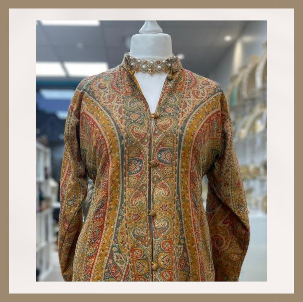 Elegant Mustard Jamawar Paisley Coat with Mandarin Collar