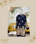 Midnight Navy Blue Jacket with Bold Gold Paisley Aari Work