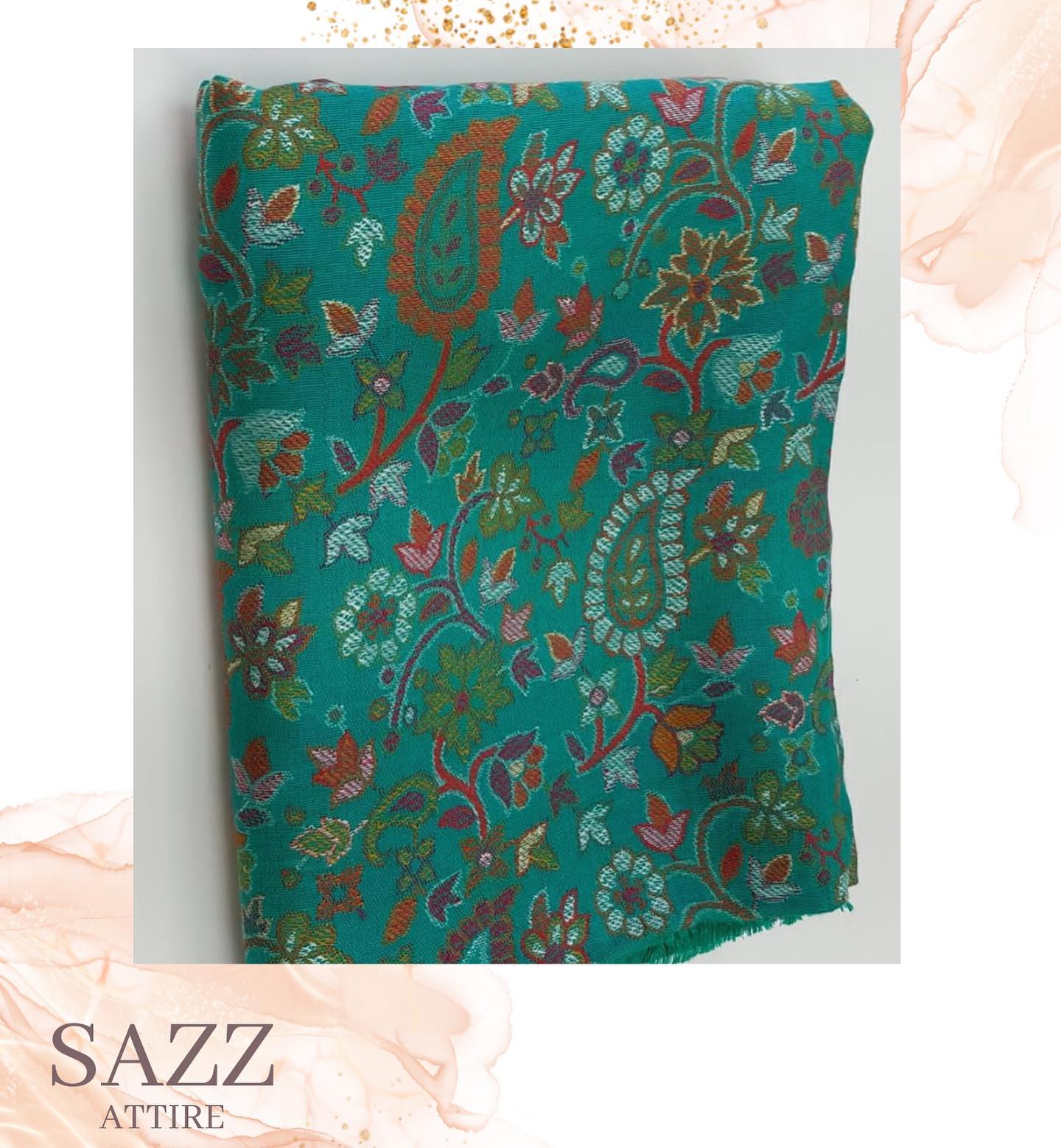 Emerald Green Kashmiri Style Shawl with Multi-Color Floral Motif