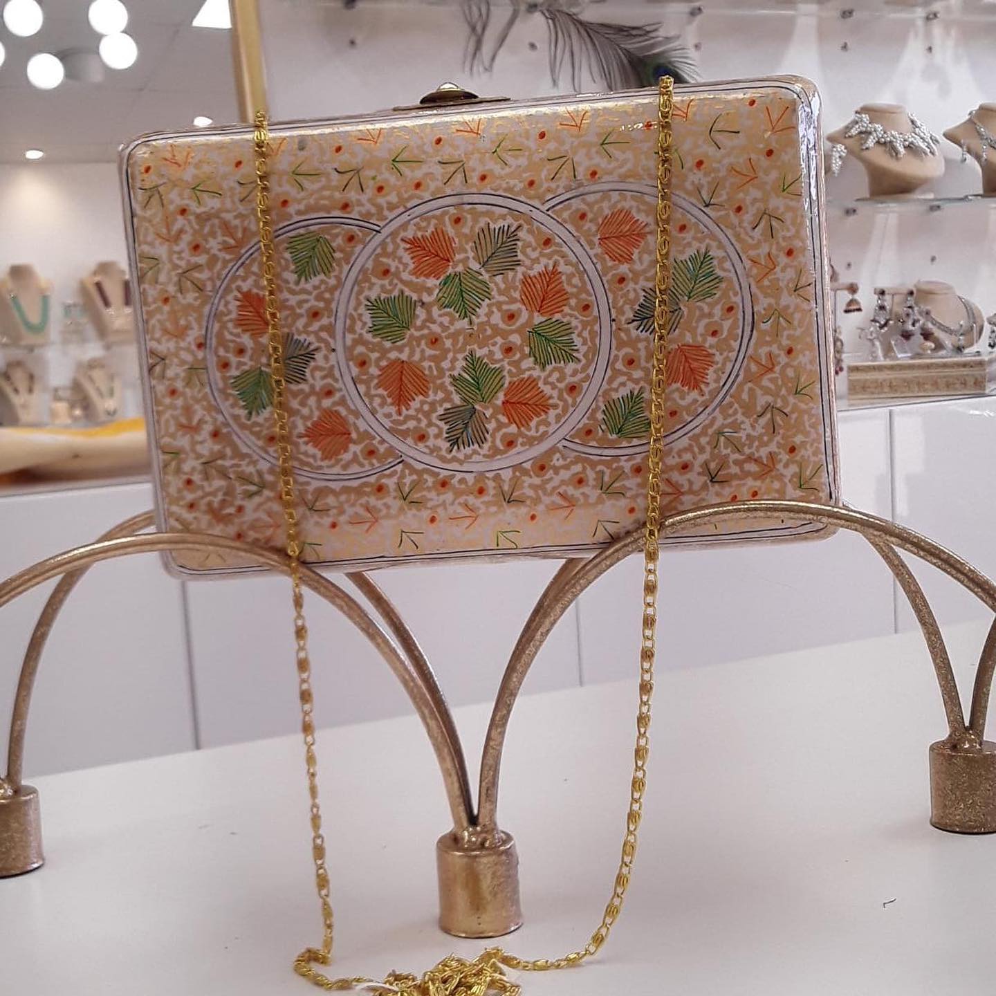 Ivory Artisan Hand-Painted Box Clutch with Chinar Leaf Motif