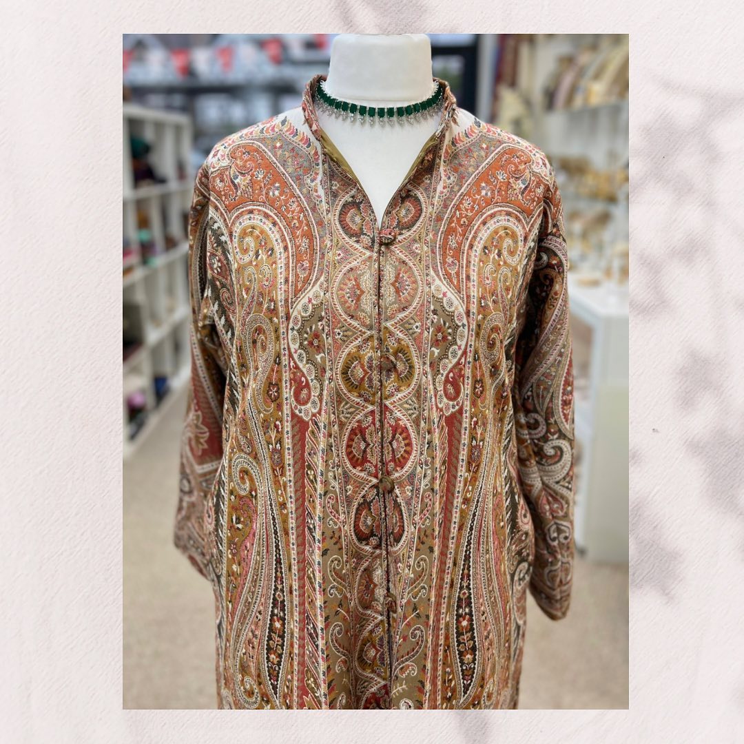 Vintage-Inspired Orange Jamawar Long Coat - Kashmiri Paisley