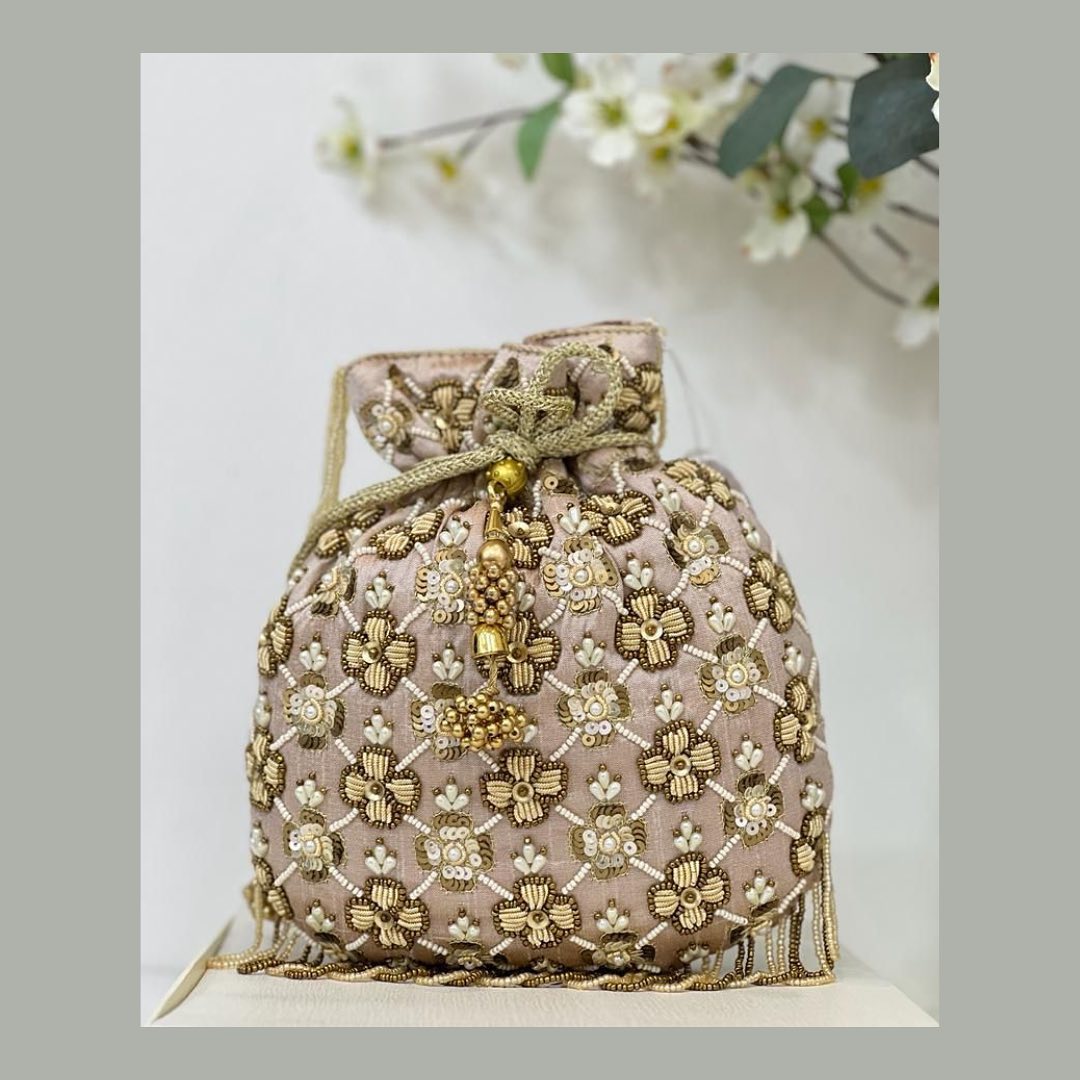 Dusty Rose Floral Sequin & Beadwork Potli with Gold Tassel