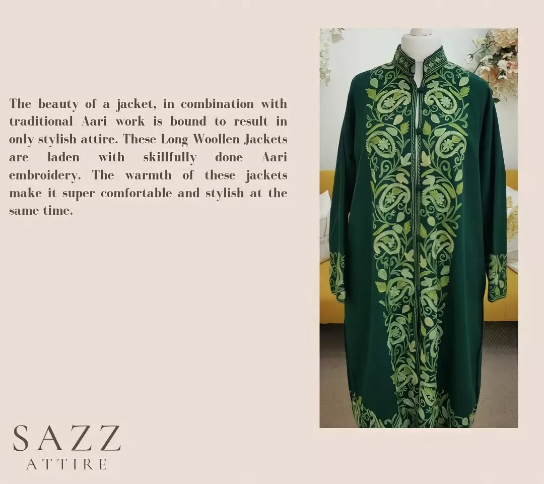 Emerald Green Long Woolen Jacket with Traditional Aari Embroidery