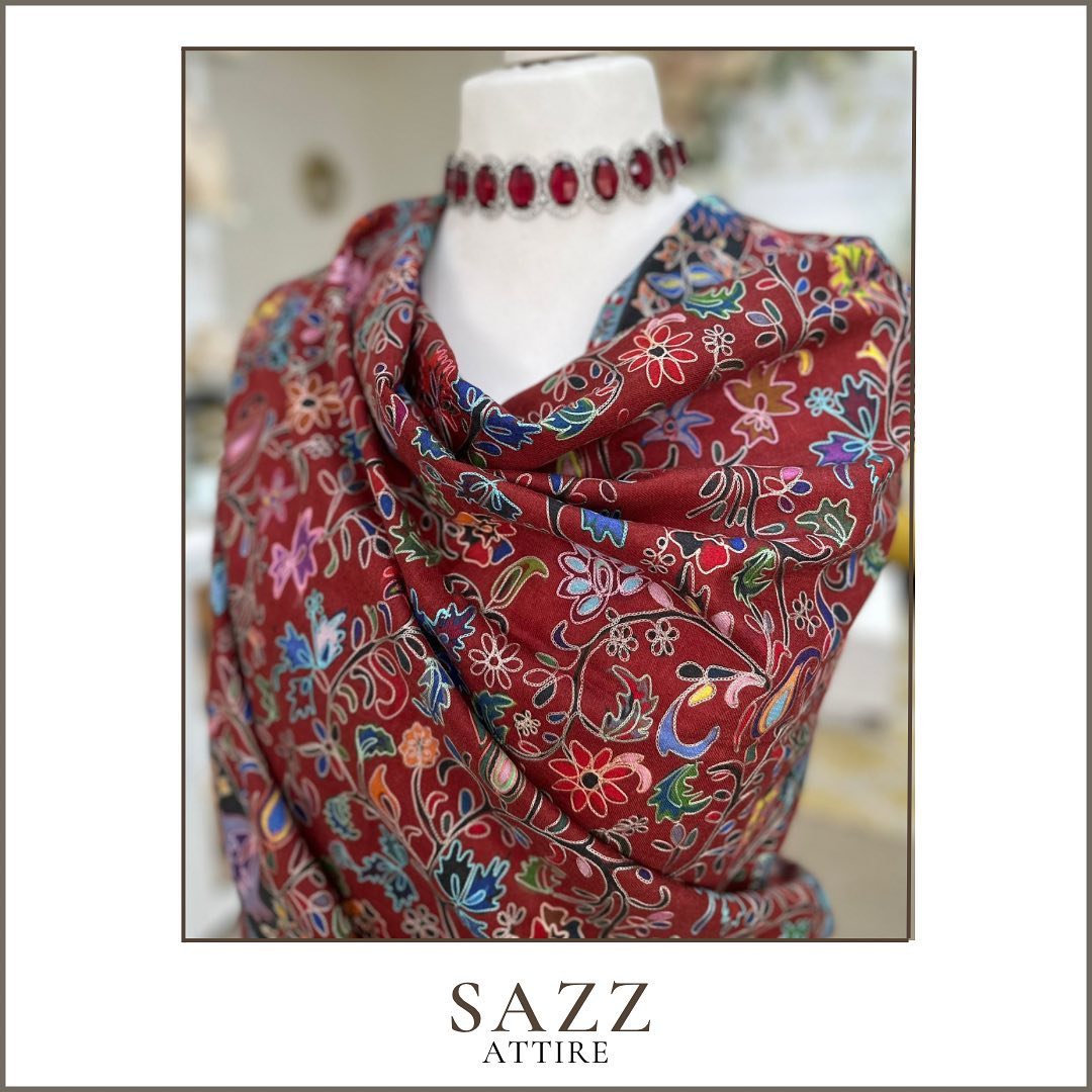 Ruby Red Vibrant Hand-Embroidered Floral Shawl