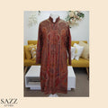 Classic Rust Red Jamawar Long Jacket - Intricate Paisley Pattern