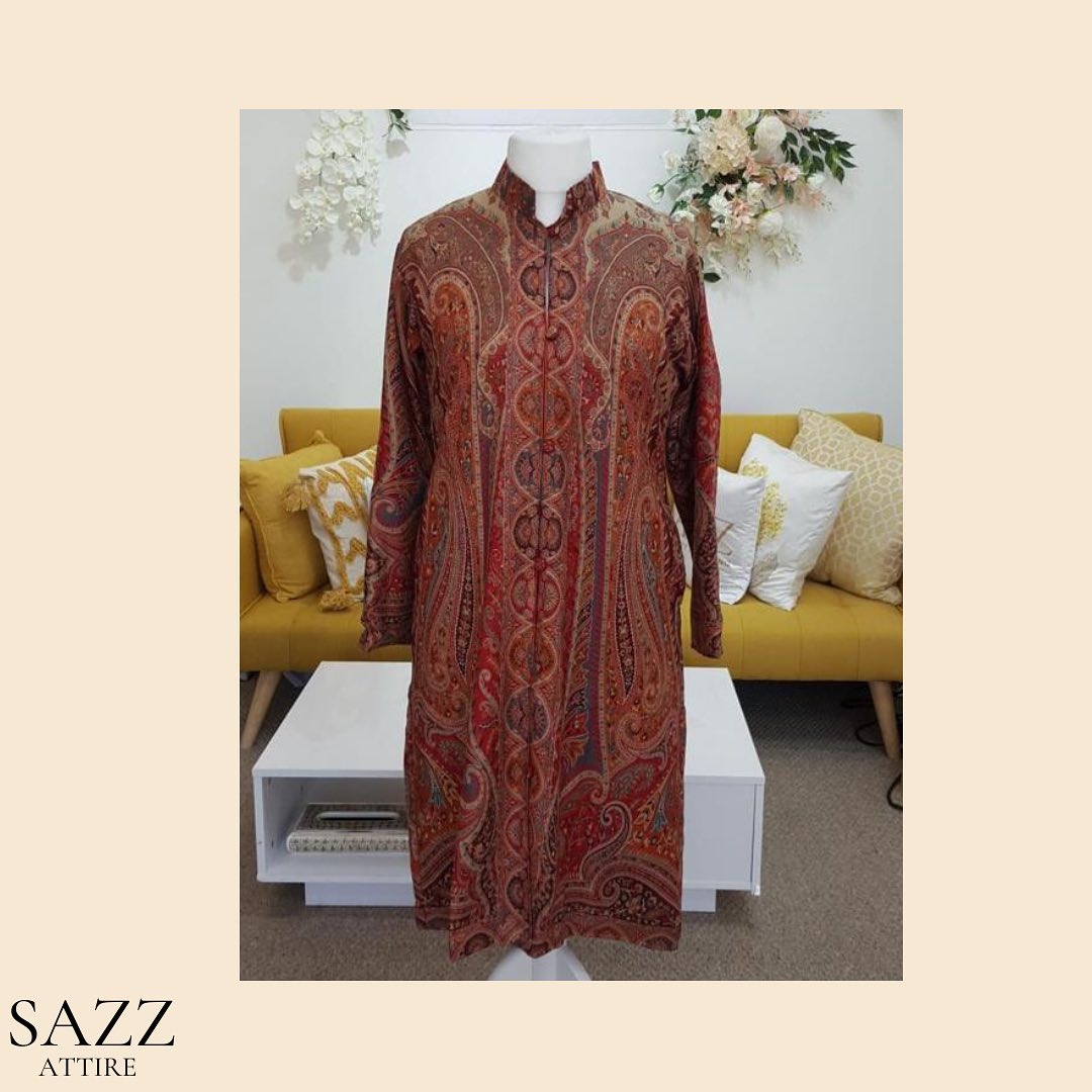 Classic Rust Red Jamawar Long Jacket - Intricate Paisley Pattern