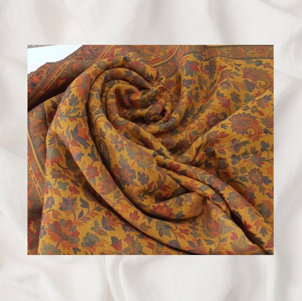 Vintage Ochre Floral Medallion & Paisley Wool Shawl