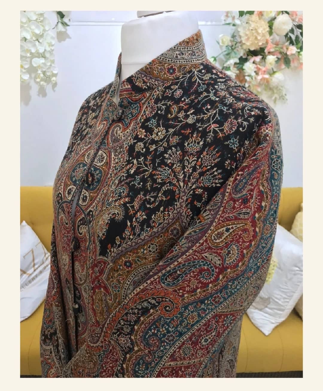 Elegant Black & Multi-Tone Jamawar Jacket with Mandarin Collar