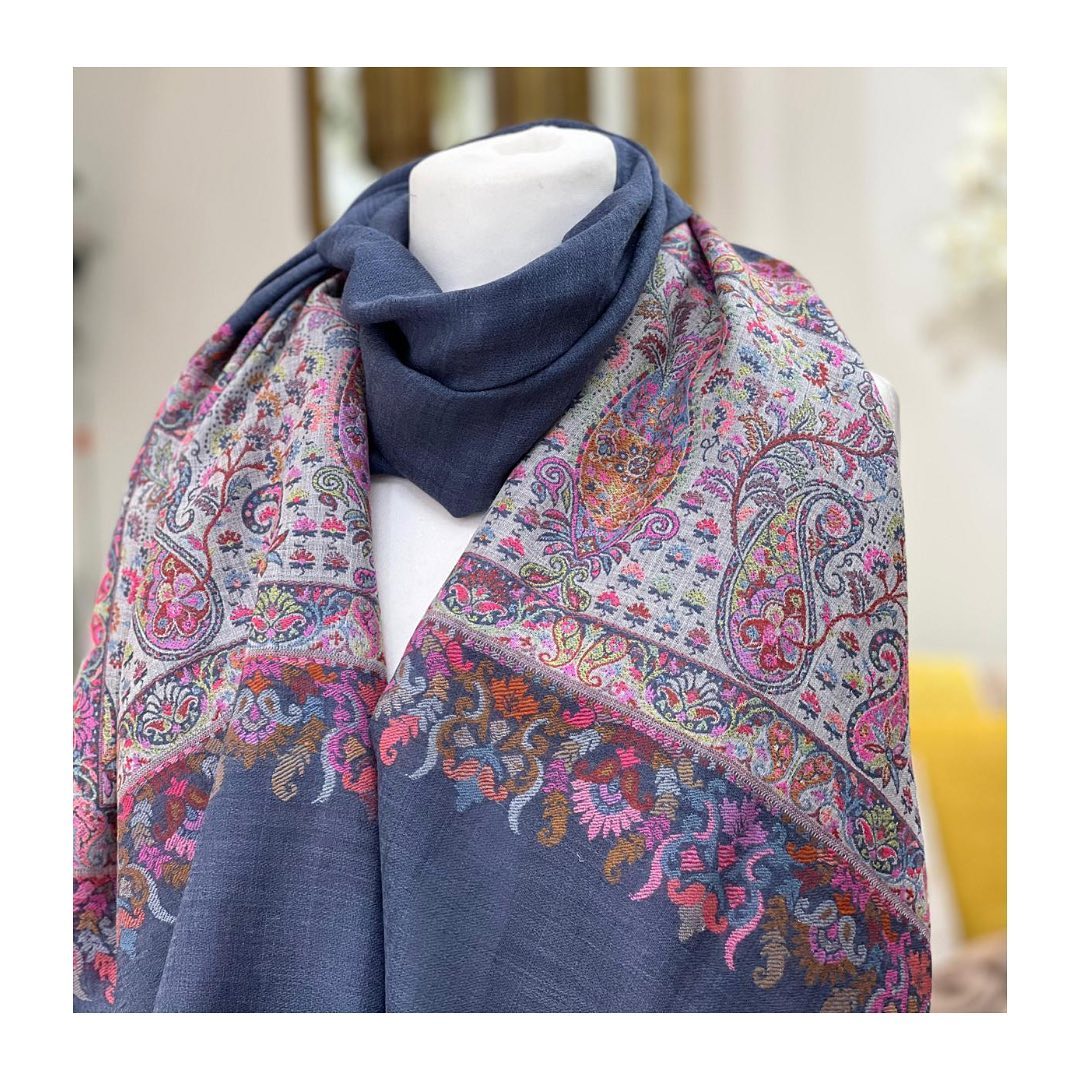 Slate Blue Kashmiri Paisley Pashmina Shawl