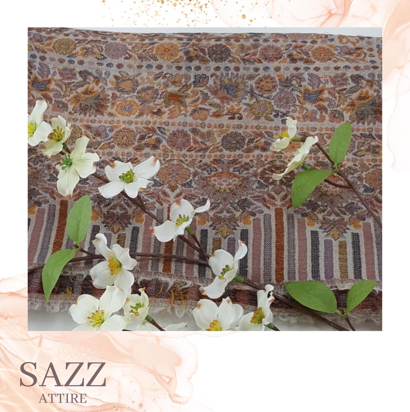 Vintage Floral Jaal Shawl – Earthy Tones & Striped Border