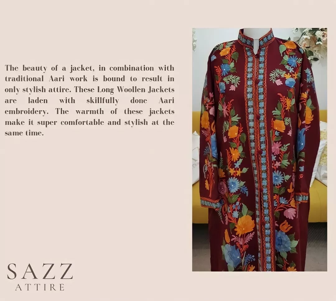 Deep Maroon Long Woolen Jacket - Multicolored Floral Aari Work