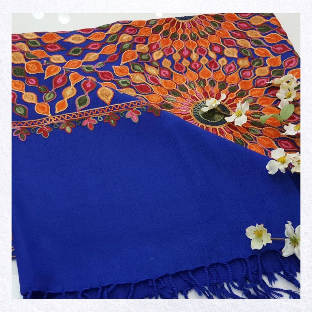 Royal Blue Statement Shawl with Sunburst Geometric Embroidery
