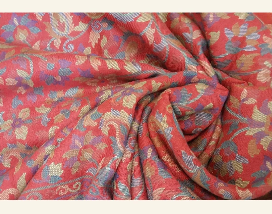 Crimson Red Jamawar Shawl with Multi-Color Floral Weave