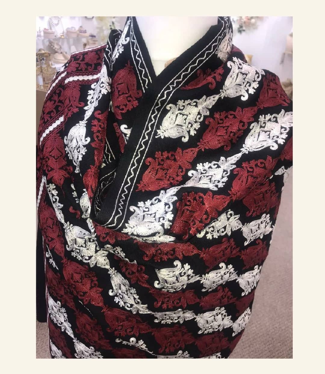 Royal Black & Maroon Shawl with Silver Tilla-Style Embroidery