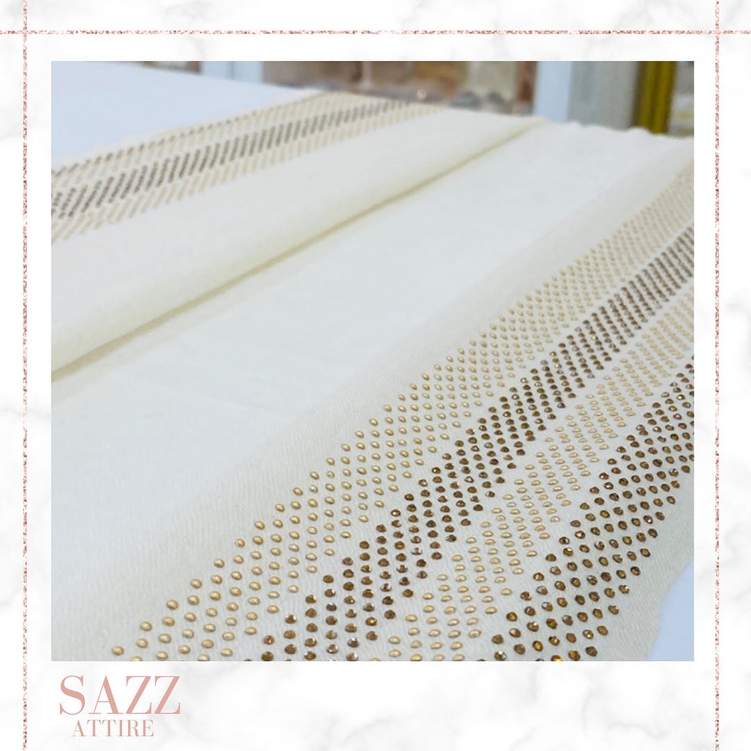 Cream Off-White Pashmina Stole with Swarovski Crystal Chevron Border