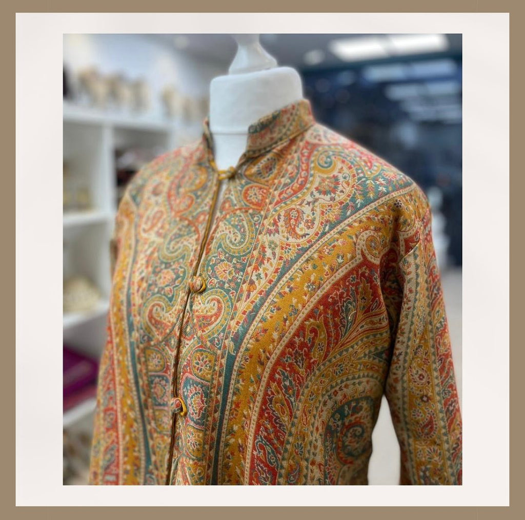Elegant Mustard Jamawar Paisley Coat with Mandarin Collar