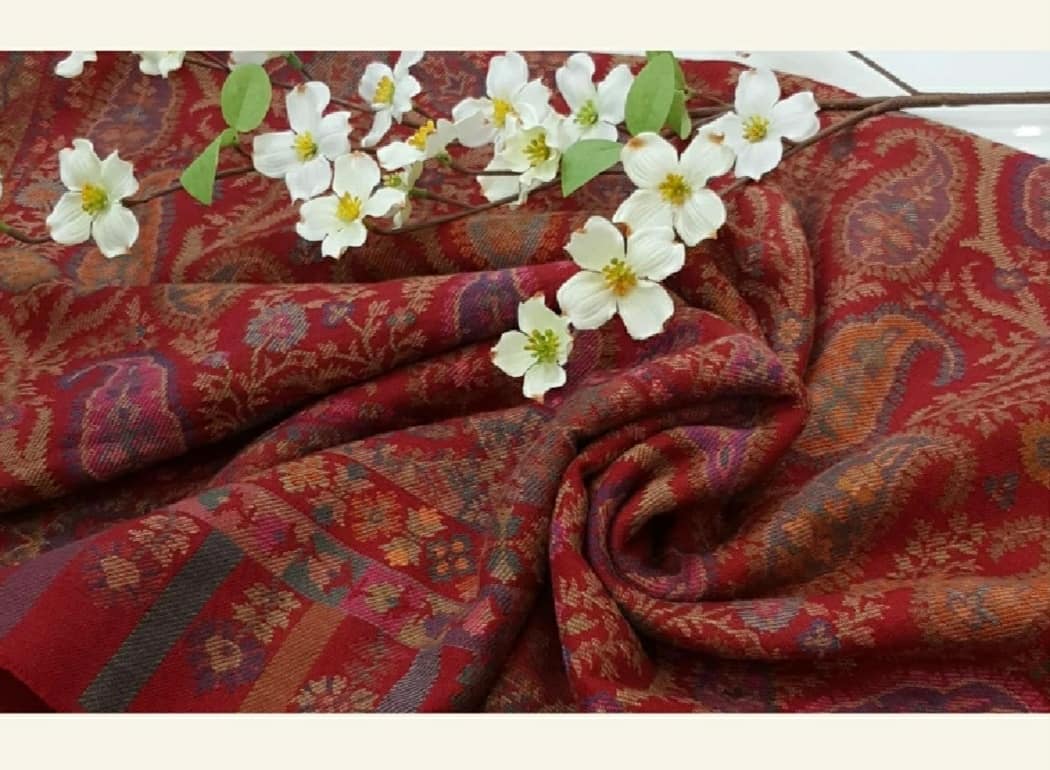 Deep Crimson Red Jamawar Shawl with Traditional Kashmiri Motif Weave