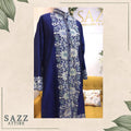 Royal Blue Silk Long Jacket - Contrast Silver-Blue Aari Embroidery