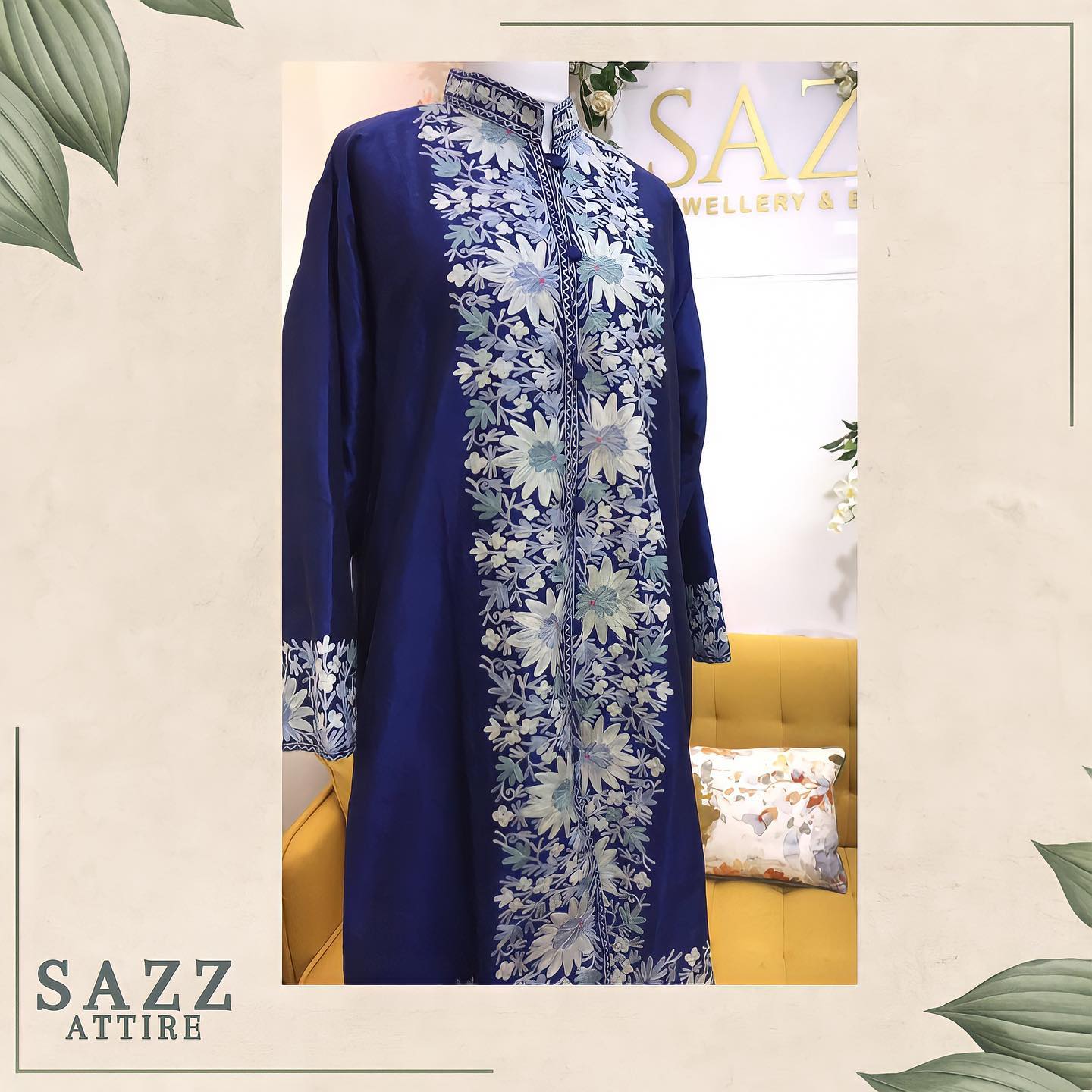 Royal Blue Silk Long Jacket - Contrast Silver-Blue Aari Embroidery