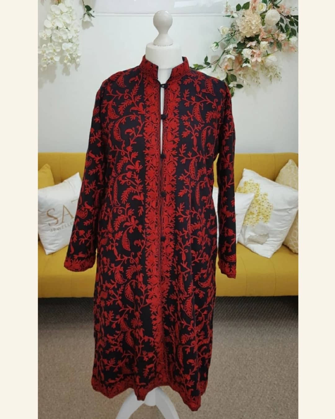 Midnight Black Woolen Long Jacket with Full Red Vine Aari Work