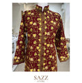 Wine Red Woolen Mid-Length Jacket - Golden Leaf Aari Embroidery