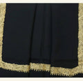 Elegant Jet Black Woolen Shawl with Fine Gold Tilla Border Work