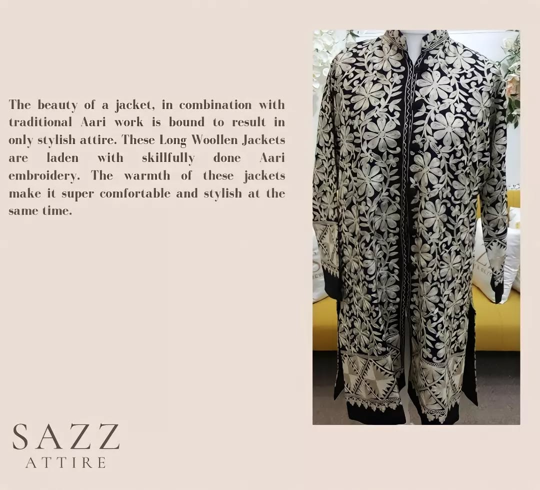 Midnight Black Full-Length Aari Embroidered Woolen Jacket