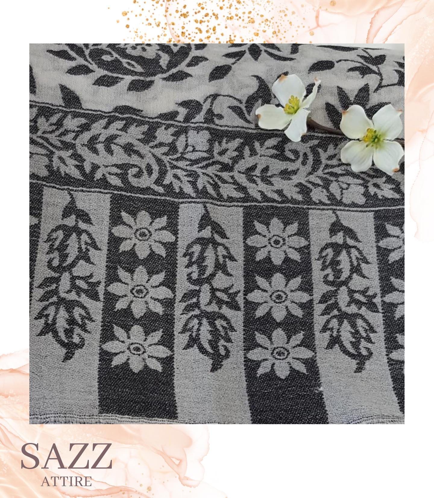 Monochrome Slate Grey & Black Floral Panel Shawl