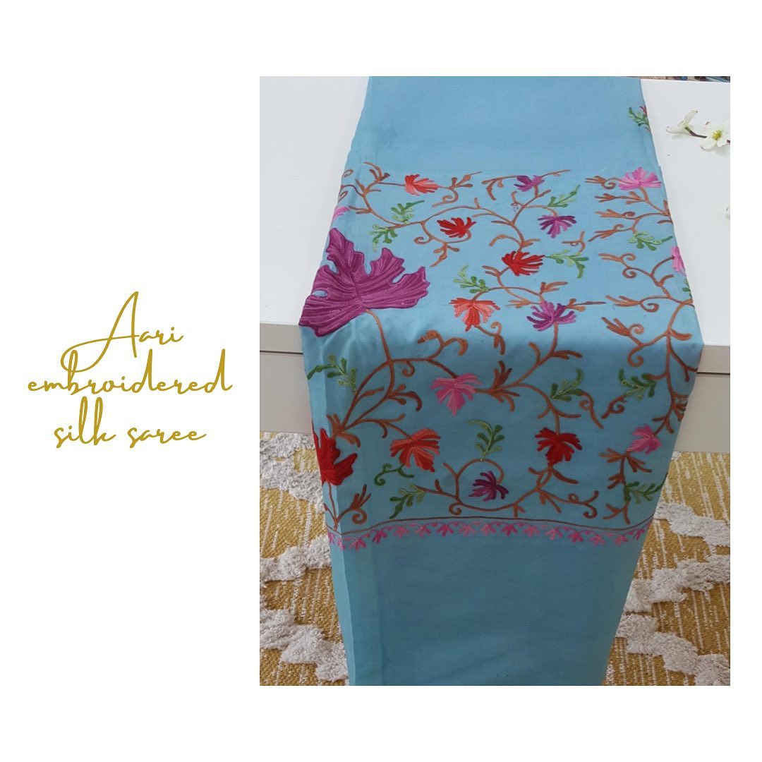 Sky Blue Aari Embroidered Silk Saree with Floral Vine Border