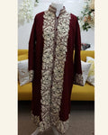 Maroon Longline Jacket with Heavy Cream Floral Border Embroidery