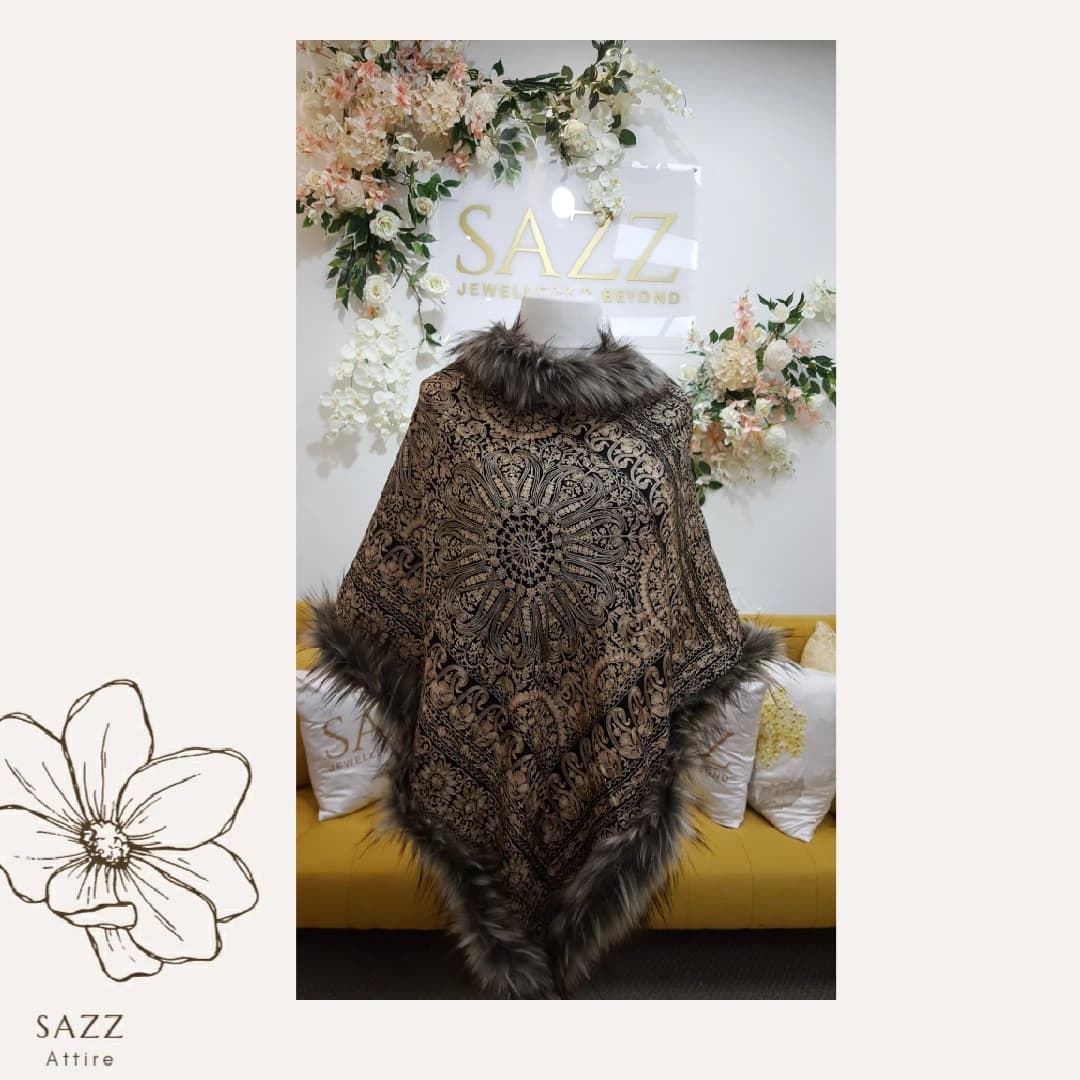 Vintage Gold Mandala Embroidered Cape with Grey Faux Fur